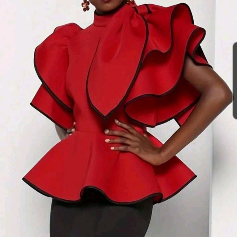 EMAYSPORIUM Elegant Red Ruffled Women's Top-(NWT)
